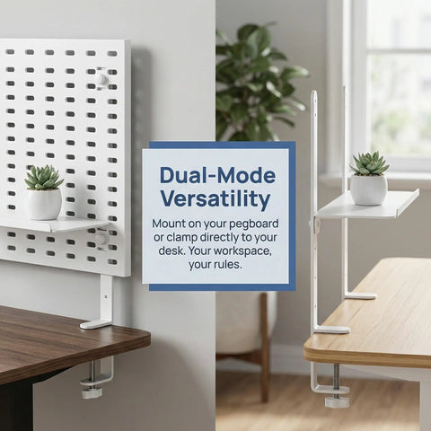 White Adjustable Desk Clamps And Heavy Duty Iron Shelf Brackets showing dual-mode versatility for pegboards or desks.