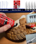 Black Shoe Repair Adhesive Bundle With Snip Tip Applicators And Plastic Spreader Tools in use for sole repair 3.7 fl oz