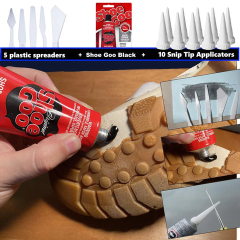 Black Shoe Repair Adhesive Bundle With Snip Tip Applicators And Plastic Spreader Tools in use for sole repair 3.7 fl oz