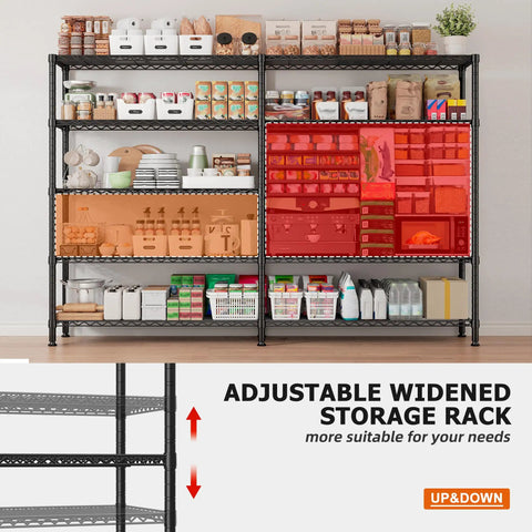 Heavy Duty Five Tier Storage Shelving Unit With Extra Wide 69.8 Inch Wire Rack Holds Up To 1600 Lbs Total Perfect For Garage Workshop Home Storage And Warehouse Organization black metal wire rack loaded with pantry items