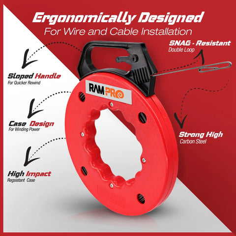 Fish Tape Wire Puller 50ft With Double Loop Tip And Built-In Thumb Lock, red and black durable housing, easy-grip handle