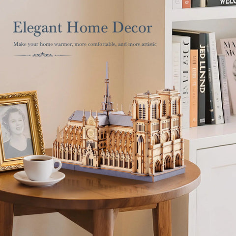 3D Wooden Puzzle For Adults Notre Dame Cathedral Model Kit 330 Piece DIY Architecture Craft Gift And Home Decor For Architecture Enthusiasts Epic Display Piece For Architecture Lovers And DIY Fans, wooden cathedral model on table
