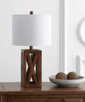Brown Farmhouse Wood Table Lamp With White Linen Drum Shade 21.5 Inch Cozy Rustic Modern Bedside And Living Room Mood Light LED Bulb Included ETL Listed For Safety