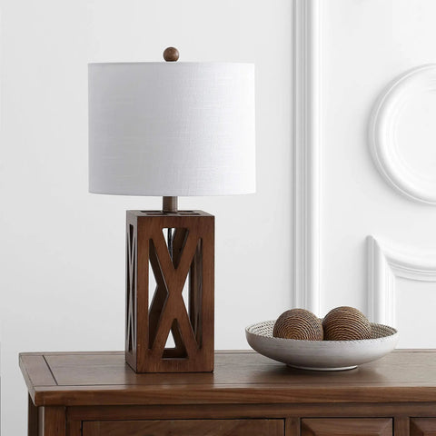 Brown Farmhouse Wood Table Lamp With White Linen Drum Shade 21.5 Inch Cozy Rustic Modern Bedside And Living Room Mood Light LED Bulb Included ETL Listed For Safety