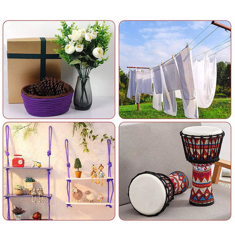 Collage of laundry on line, gift decor with basket and flowers, wall shelves with rope support, and decorated drum in living space