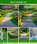 Comparison of yard before and after using 41 Inch Manual Lawn Edger With Two Replaceable Blades And T Grip Handle for landscaping.