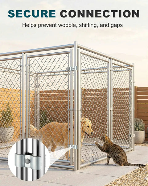 Heavy Duty Chain Link Fence Panel Clamps For 1-5/8 Inch OD Round Pipe Galvanized Dog Kennel Hardware visible on kennel frame