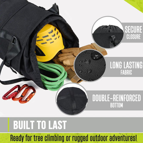 Heavy Duty Arborist Rope Bag 35L Bucket Backpack with 1000 Denier Fabric, side pockets, and rugged outdoor gear visibility.