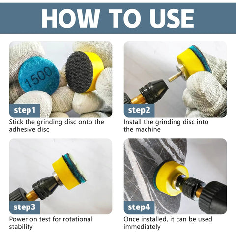 Guide for using 1 Inch Mini Diamond Polishing Pad Set, 9 Piece Wet Dry Polishing Kit With 30 To 3000 Grit; step-by-step instructions shown.