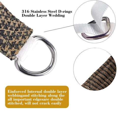 316 stainless steel D-rings on the 12x16 Brown Rectangle Sun Shade Sail Canopy Made From Durable Virgin Polyethylene Fabric