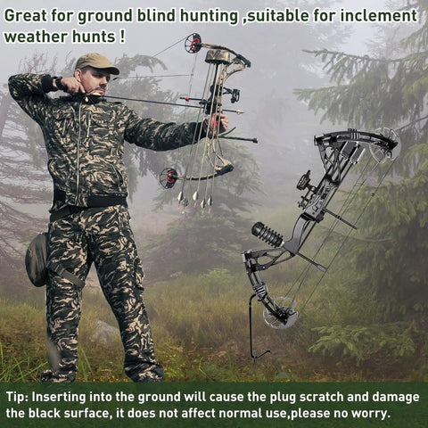 Hunter using compound bow with 2 Pack Ground Bow Holder Set For Hunting Practice Ready To Go Ground Stake Bow Stand