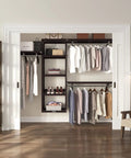 Top Shelf Solid Wood Closet Organizer System With Mad Storage Capacity And Hella Sturdy Hanging Rods Wall Mounted Espresso Finish in a compact closet.
