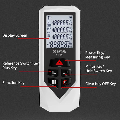 Backlit Laser Distance Meter With 0.5 Second Readings, Measures Up To 328 Feet, Ultra Accurate 2mm Precision, Class 2 Laser, Handy Multi Mode Range Finder For DIY, Construction, Real Estate, And Interior Design. Front view with display and control keys