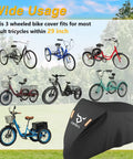 Beefy 420D Tricycle Cover For 29 Inch Adult Three Wheeled Bikes, 75L 30W 44H Outdoor Weatherproof Storage, Waterproof Electric Trike Shelter For Most 3 Wheeled Bicycles, shown covering adult trikes
