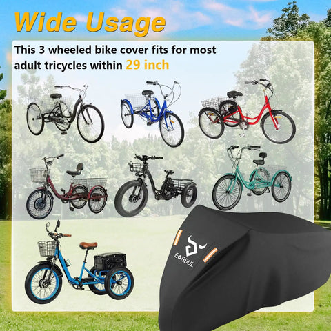 Beefy 420D Tricycle Cover For 29 Inch Adult Three Wheeled Bikes, 75L 30W 44H Outdoor Weatherproof Storage, Waterproof Electric Trike Shelter For Most 3 Wheeled Bicycles, shown covering adult trikes