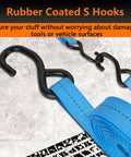 Rubber coated S hooks with blue strap from Beefy 1 Inch Tie Down Straps, 20 Foot Length With Hooks, 2200 Lbs Break Strength, Ratchet Cargo Straps For Motorcycle, Boat, Appliances, Equipment, Boxes, And Outdoor Gear Securement