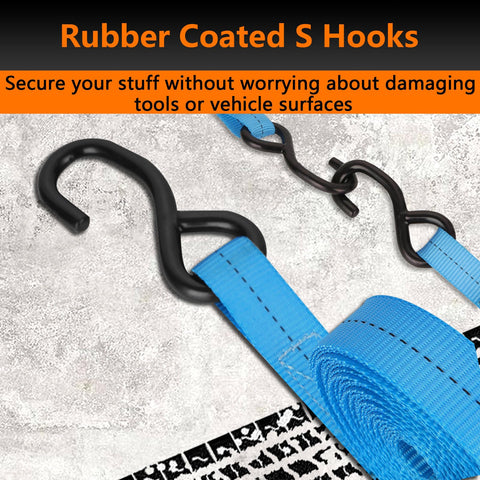 Rubber coated S hooks with blue strap from Beefy 1 Inch Tie Down Straps, 20 Foot Length With Hooks, 2200 Lbs Break Strength, Ratchet Cargo Straps For Motorcycle, Boat, Appliances, Equipment, Boxes, And Outdoor Gear Securement