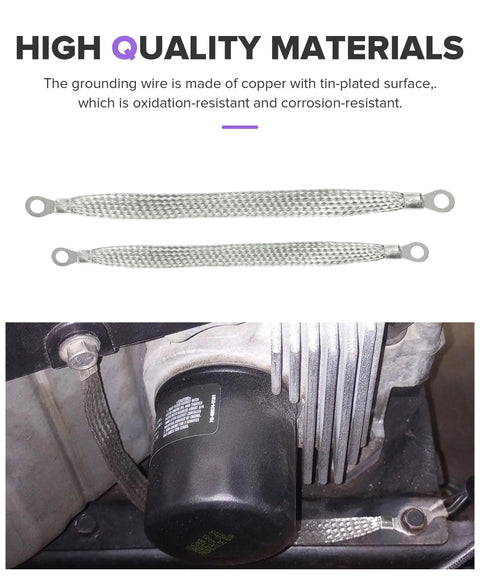 Heavy Duty 5 Pack Copper Ground Straps For Tuned Rides, 10 And 13 Inch Flat Braided Battery Cables With Tinned Terminals visible in engine compartment.