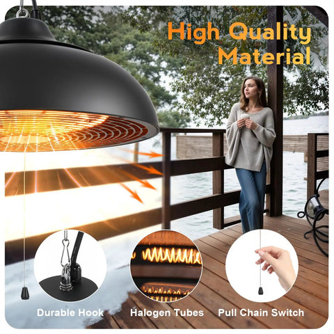Ceiling Mounted 1500W Patio Heater For Outdoor Spaces, 3S Instant Heat with halogen tubes, woman relaxing on balcony