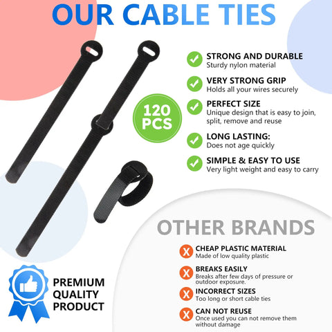 Image showing 120 Pack Reusable Cable Ties For Cords 5 6 8 Inch Data Cable Organizer Ties Cord Wraps with durability features.