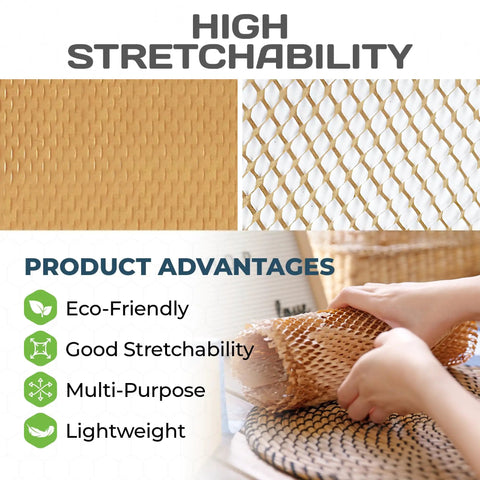 Close-up of eco-friendly honeycomb packing paper, demonstrating stretchability and cushioning, 12 inch by 750 feet roll.
