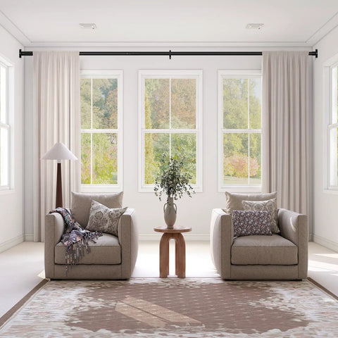 Tension Curtain Rod Black Extra Long 40 To 166 Inch Adjustable No Drilling One Click Extend Heavy Duty Stainless Steel Shower Window Bathroom Patio Rod 1.26 Inch Diameter installed in living room with beige curtains and armchairs