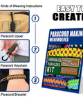 16 Color Paracord Kit With Instructions 10 Feet Each Type III Parachute Cord For DIY Bracelets And Craft Projects Includes Starter Weaving Guide For Beginners shown with weaving examples.