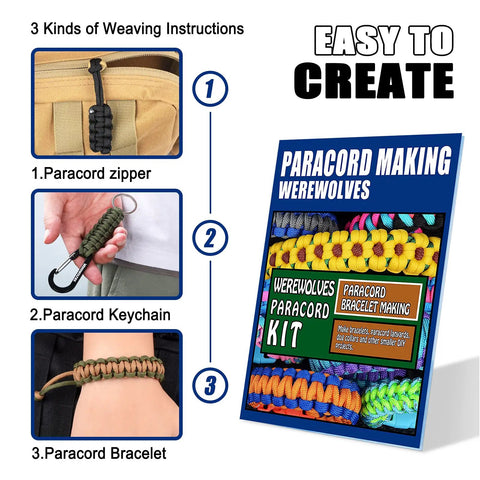 16 Color Paracord Kit With Instructions 10 Feet Each Type III Parachute Cord For DIY Bracelets And Craft Projects Includes Starter Weaving Guide For Beginners shown with weaving examples.