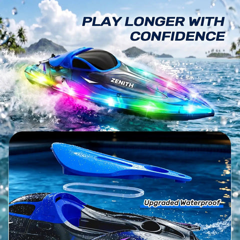 Remote Control Boat With LED Lights For Kids And Adults, blue speed boat on water with colorful LED, labeled Zenith, waterproof design