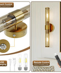 Champagne Gold Battery Operated Wall Sconces Set of 2, Rechargeable Sconce with clear glass shade and remote control features.