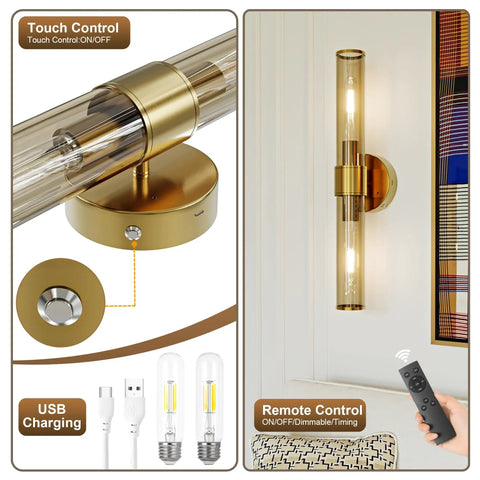 Champagne Gold Battery Operated Wall Sconces Set of 2, Rechargeable Sconce with clear glass shade and remote control features.
