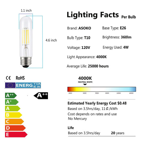 Lighting facts for Vintage Edison Style LED Tube Bulbs T10 4000K Daylight 4W Dimmable With E26 Base 40 Watt Equivalent