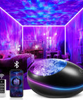 Galaxy Projector Skylight With 24 Light Modes And White Noise Bluetooth Speaker illuminating bedroom with blue lights