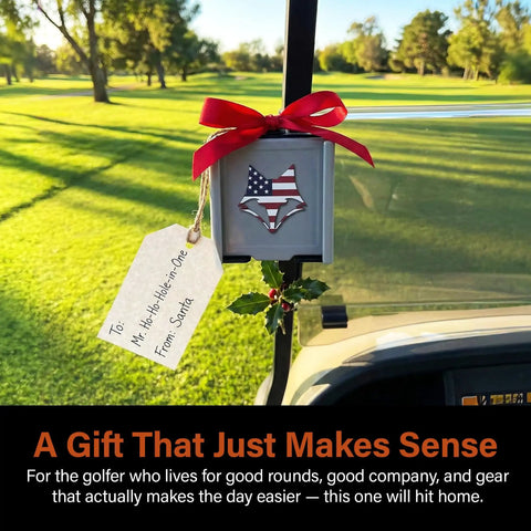 Universal Golf Cart Phone Mount With Heavy Duty Strap For Hands Free Gps And Score Tracking Patriotic Flag Caddy on golf cart.