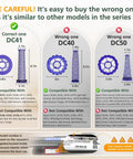 Comparison of vacuum filter sizes for DC41, DC40, and DC50 models with measurements and compatibility details.