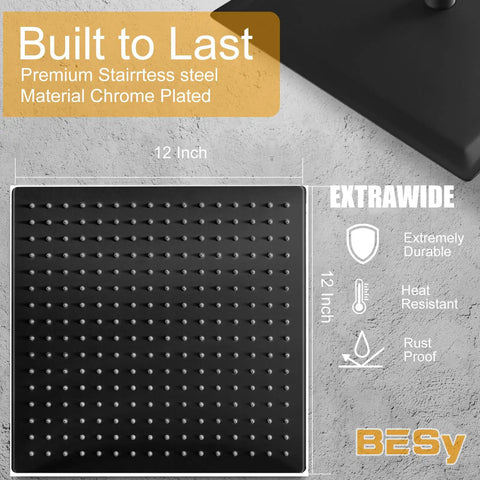 12 Inch Square Rain Shower Head with High Pressure Waterfall Flow, Ultra Thin Stainless Steel, Matte Black Finish, Built to Last