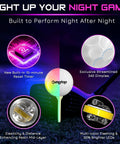 Diagram highlighting Multicolor Flashing LED Golf Balls for Night Golfing with 7 color modes and 10-minute reset timer features.