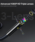 7 Inch IPS Screen Triple Lens Borescope With Light For Tight Corners And Hard To Reach Areas 16.5 Ft Cable Clear Color View Pro Grade Auto Home And Industrial Inspections exploded lens view