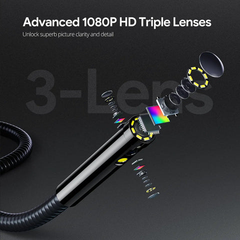 7 Inch IPS Screen Triple Lens Borescope With Light For Tight Corners And Hard To Reach Areas 16.5 Ft Cable Clear Color View Pro Grade Auto Home And Industrial Inspections exploded lens view