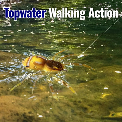 Weedless Topwater Spider Lure With Soft Hollow Body Walking Bait in water demonstrating topwater walking action