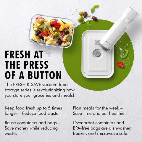 Fresh And Save Vacuum Sealer Starter Set with Rechargeable Machine, large container, and pasta salad
