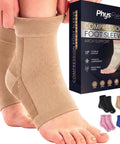 Person wearing beige compression foot sleeve next to box. All Day Wear 20 To 30 MmHg Compression Sock For Foot Pain Relief Targeting Plantar Fasciitis And Achilles Tendonitis, Ankle Support For Heel Spurs, Swelling And Fatigue, With Arch Support For Everyday Use.