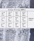 Open view of 490-Piece Galvanized Steel Grease Fitting Kit showing various straight and angled nipples with rust-resistant properties.