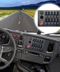 View of truck dashboard featuring All In One Marine Rocker Switch Panel With LED Circuit Breaker 10 Circuits 12V 24V DC Socket Horn Button Dual USB Charger And Voltmeter IP65 Waterproof Beefed Up For Boat RV Truck Car.