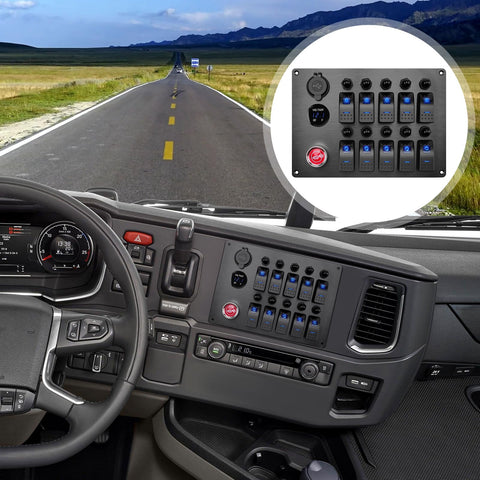 View of truck dashboard featuring All In One Marine Rocker Switch Panel With LED Circuit Breaker 10 Circuits 12V 24V DC Socket Horn Button Dual USB Charger And Voltmeter IP65 Waterproof Beefed Up For Boat RV Truck Car.