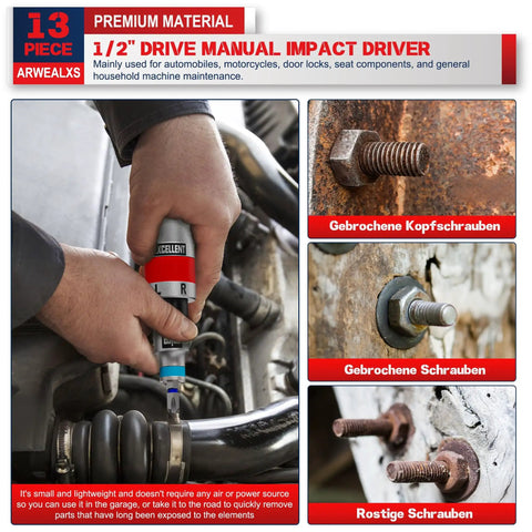 13 Piece Half Inch Drive Manual Impact Driver Kit With Reversible Hand Impact Screwdriver Set And Slotted Hex And Phillips Bits for loosening rusted fasteners frozen bolts and stubborn screws in use on a vehicle component