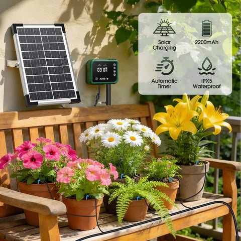 Solar Drip Irrigation System For Gardens And Greenhouses DIY Automatic Drip Kit With 8W Solar Panel, plants on bench.