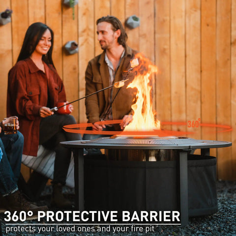 Group enjoying a fire with 42 Inch Fire Pit Surround Tabletop Shield For Wood Burning Pits, Portable Protective Barrier Doubles As A Backyard Table.