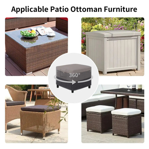 Heavy Duty Outdoor Patio Ottoman Cover With Waterproof Fabric, fits 23 inch square ottomans shown in various settings