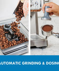 Kickstart Your Daily Grind With This Automatic Espresso Machine Featuring A Built In Bean Grinder Milk Frother And Hassle Free Auto Cleanup For Top Shelf Barista Style Lattes Right At Home Today showing coffee beans being ground and tampered.